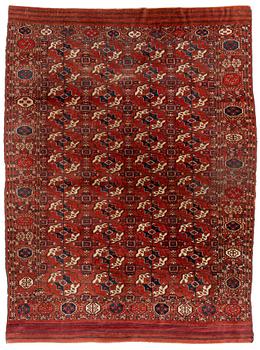 252. A main carpet, antique, Tekke ca 287 x 215 cm (as well as 1 cm flat weave at the ends).