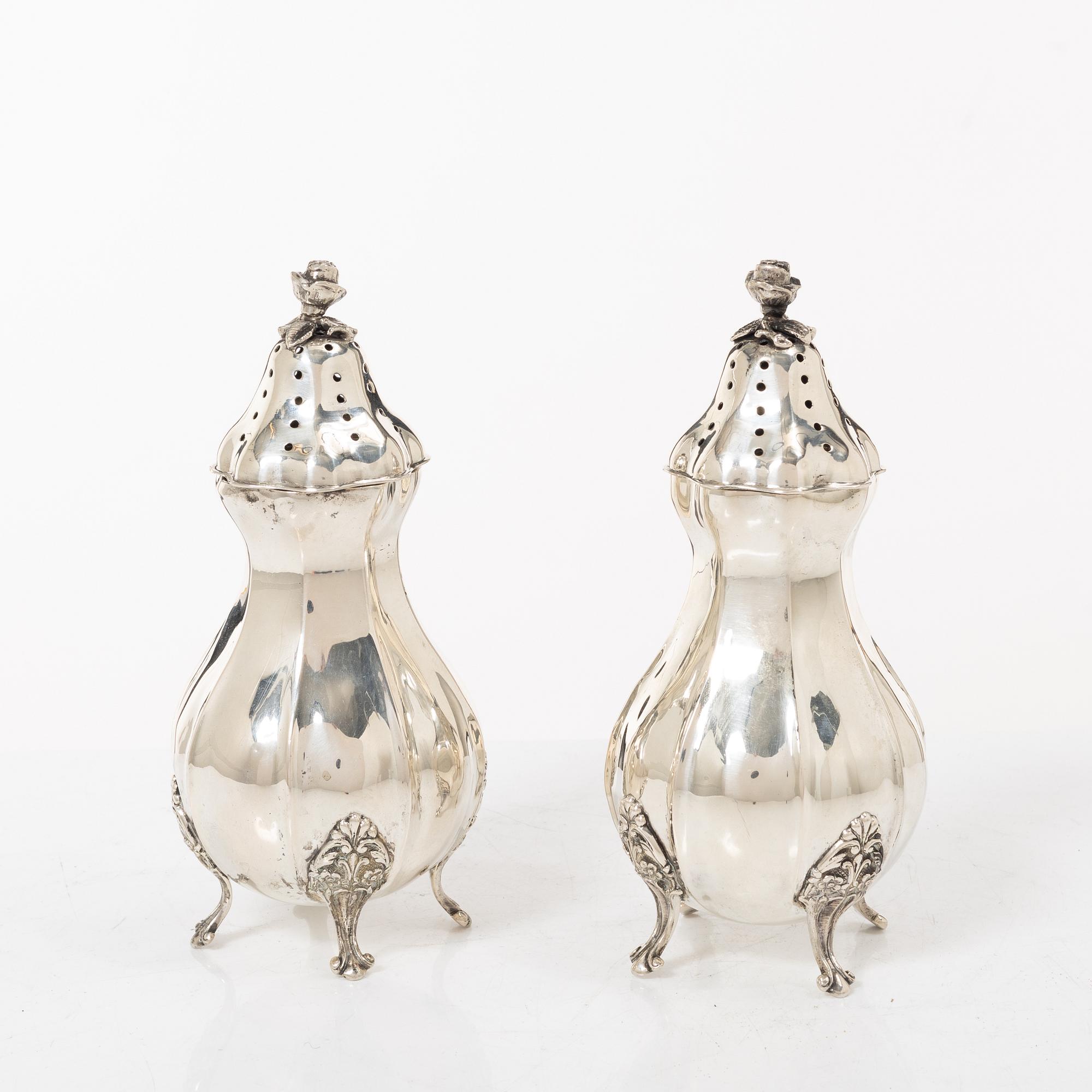 Sugar casters, a pair, silver, Rococo style, 20th century.