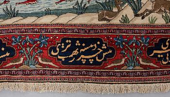 A CARPET, a semi-antique Kashan figural, possibly Motachem, ca 199 x 137 cm.