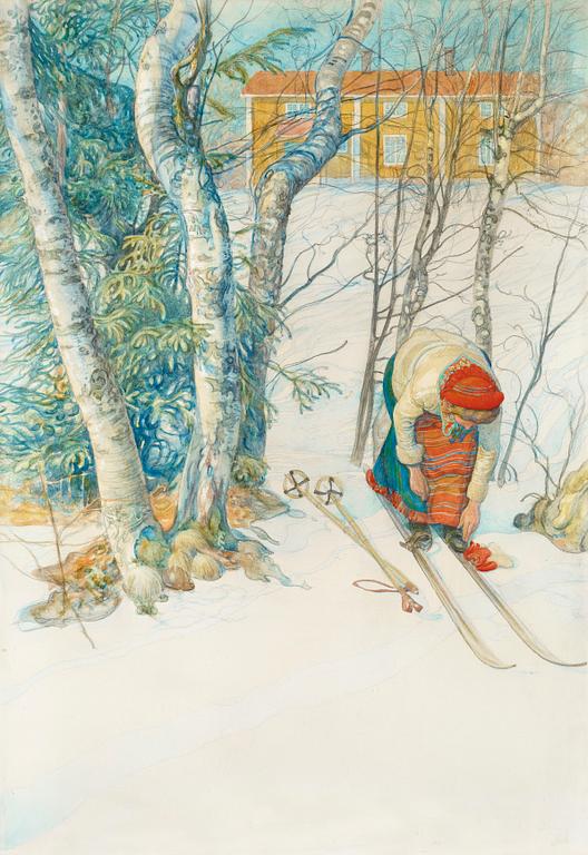 Carl Larsson, "Skidlöperska / Flicka spänner på sig skidorna".