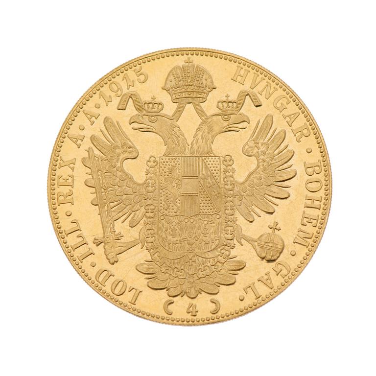 GOLDCOIN, 4 ducat, ca 23 k, FRANZ JOSEPH I 1915, Austria-Hungary. Weight ca 14 g.