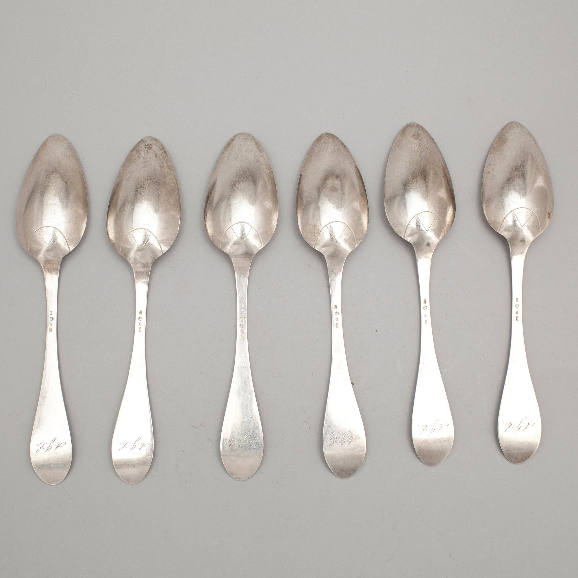 MATSKEDAR, 6 st, silver, Carl Gustaf Åberg, Arboga, 1857. Vikt ca 372 gram.