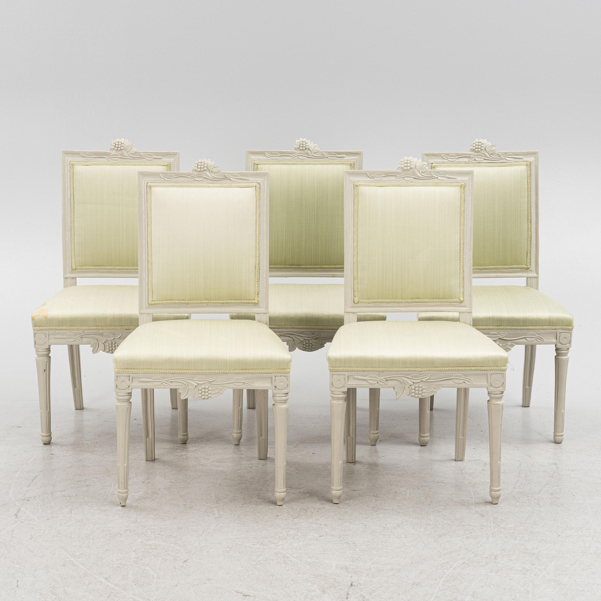 A set of five late-Gustavian chairs from Lindome, late 18th century.