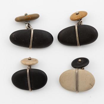 Cufflinks, two pairs, silver with beach stones, Terrs.