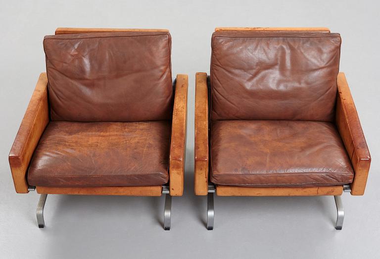 Poul Kjaerholm, A pair of Poul Kjaerholm 'PK-31' steel and brown leather easy chairs, by E old Christensen, Denmark 1960's.