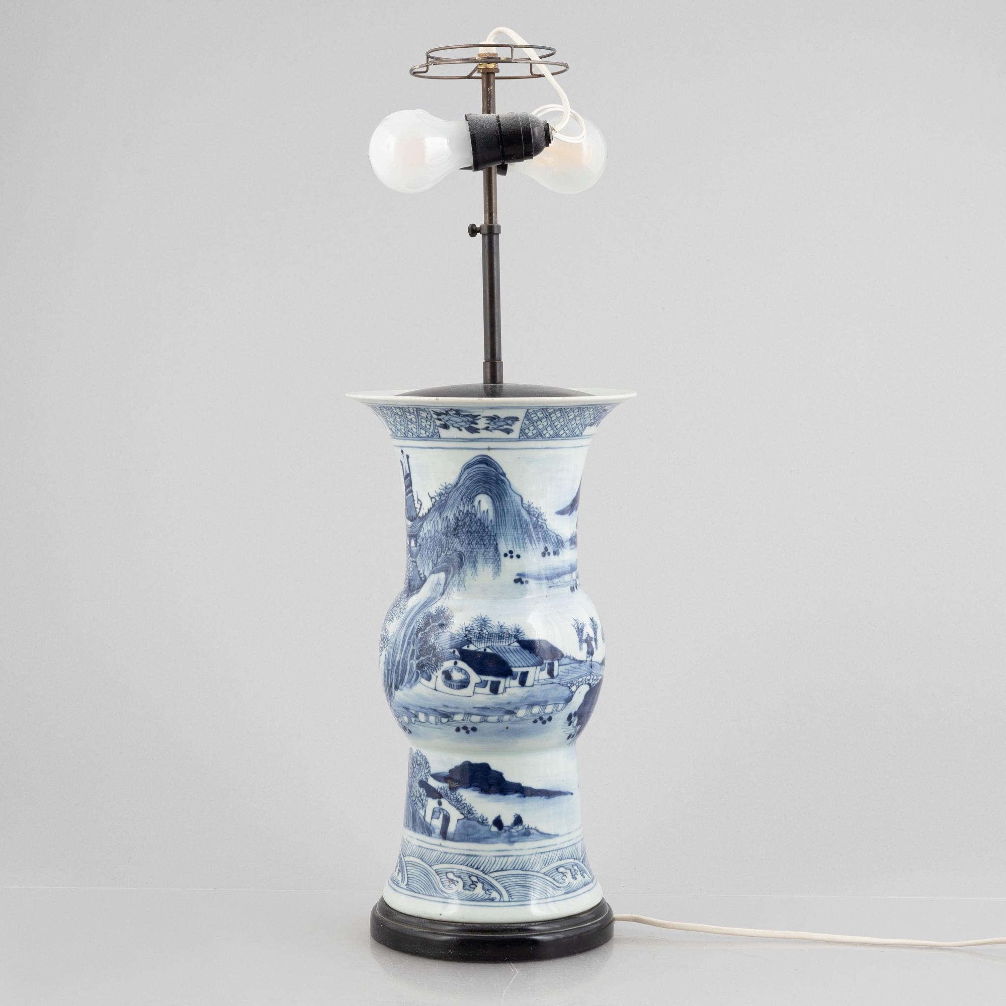 A large blue and white vase/table lamp, late Qing dynasty.