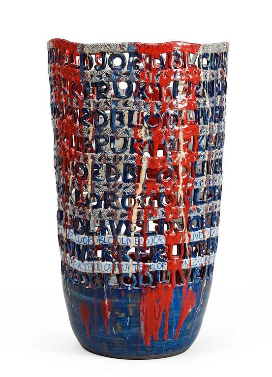 An Eva Bengtsson stoneware jar, 'Liv, eld, jord, blod', Frillesås.