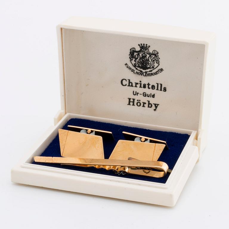 CUFFLINKS and TIEPIN 18K gold and metal, 19,1 g, hallmarked CLB Falköping 1993.