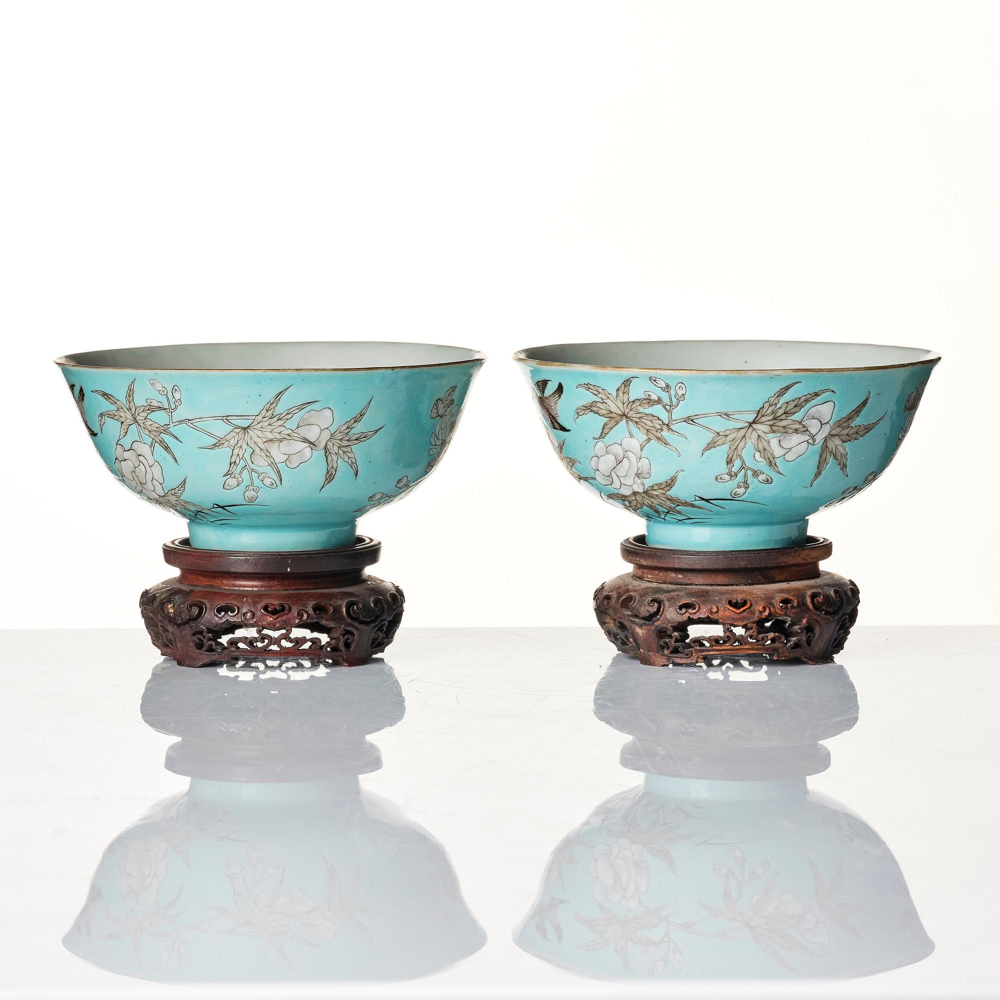 A pair of turquoise ground 'baijiaxiang' cups, Qing dynasty with seal mark in red.