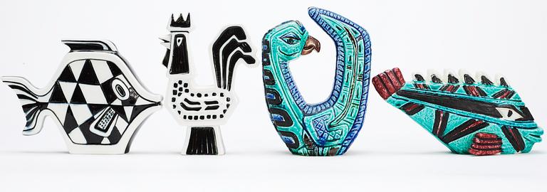 Four Gunnar Nylund stoneware figures, a rooster, bird and two fishes, Rörstrand.