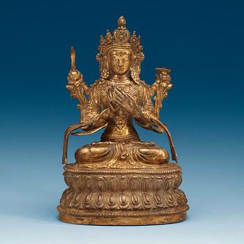 1490. A gilt bronze and jeweled figure of Manjusri, with Yongle six character mark.