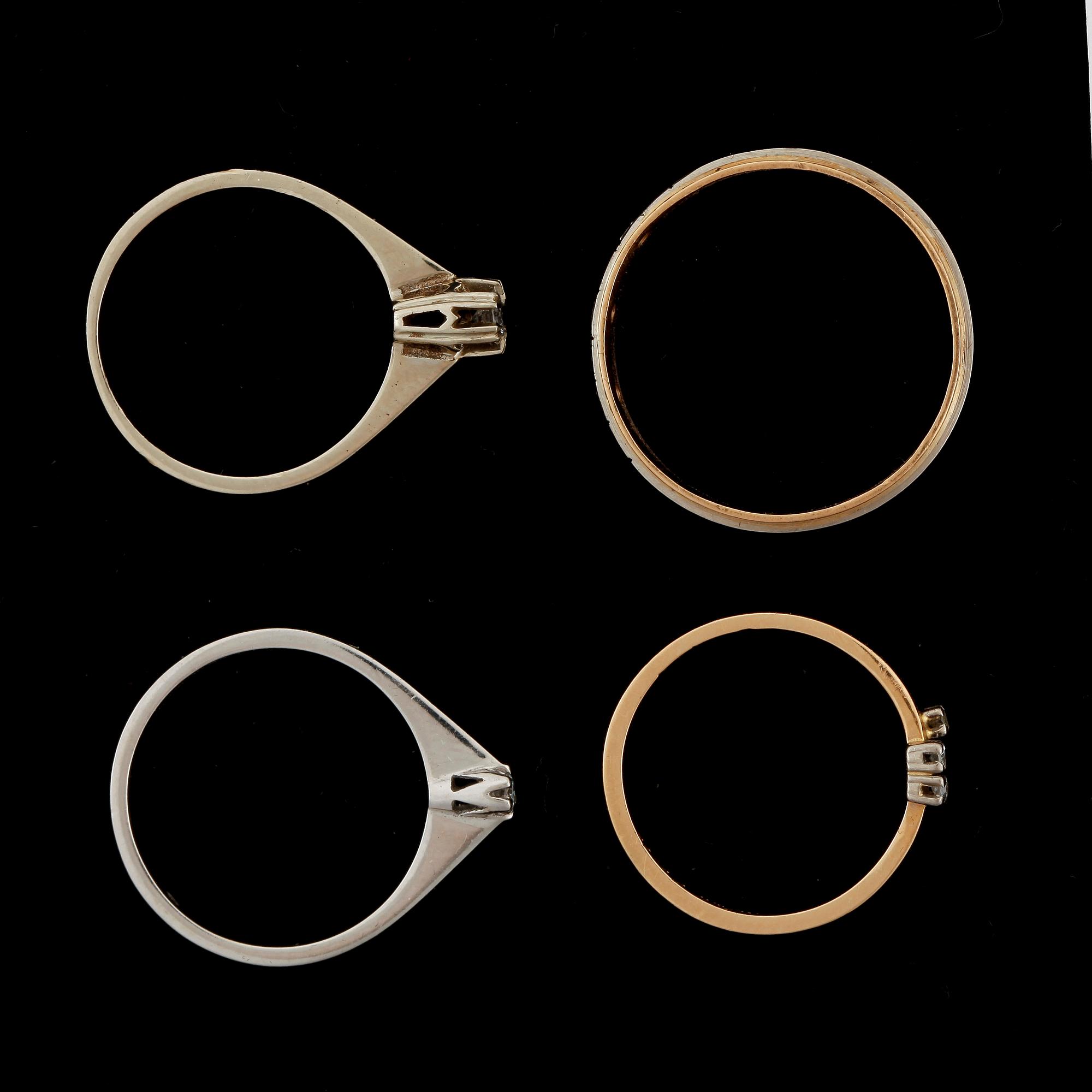 RINGAR, 4st, 18k rött resp vitguld med diamanter. Totalvikt 9g.