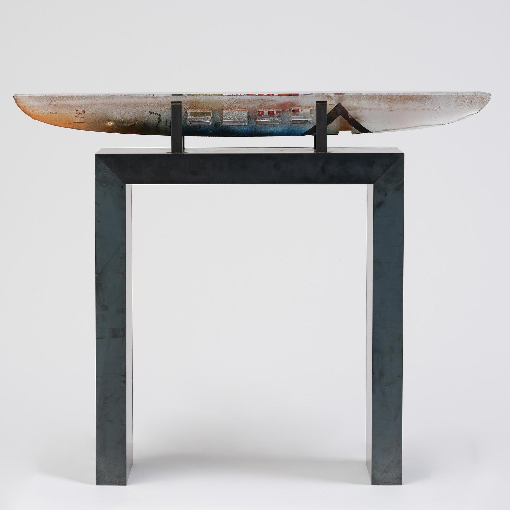 Bertil Vallien, a unique sand cast glass sculpture of a boat, Kosta Boda, Sweden.