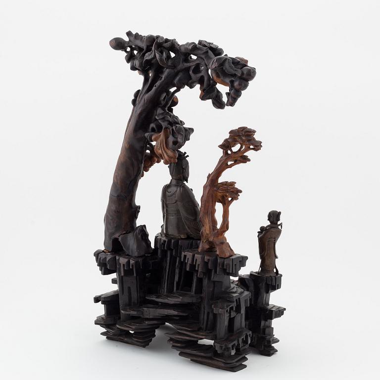 A Chinese bronze and wood sculpture group, 20th century.