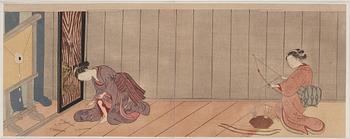 SUZUKI HARANOBU (1725-1771), after, diptych, color woodblock print. Japan, 'The Archery gallery', early 20th century.