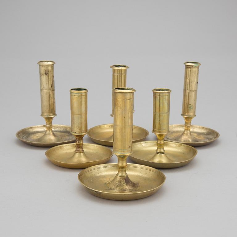 LJUSSTAKAR, 6 st, mässing, 1800-tal.