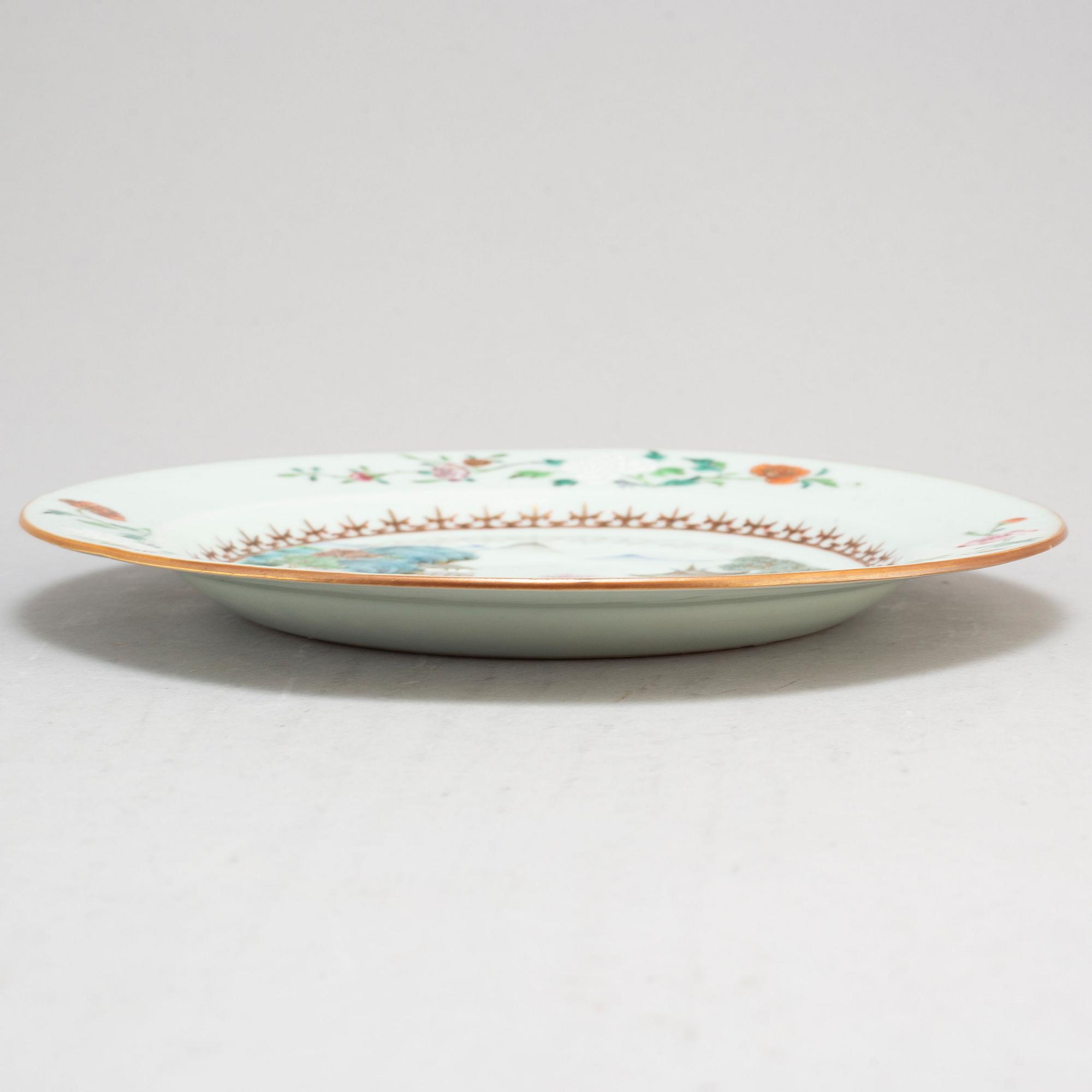 Nine (5+4) famille rose export porcelain plates, Qing dynasty, Qianlong (1736-95).