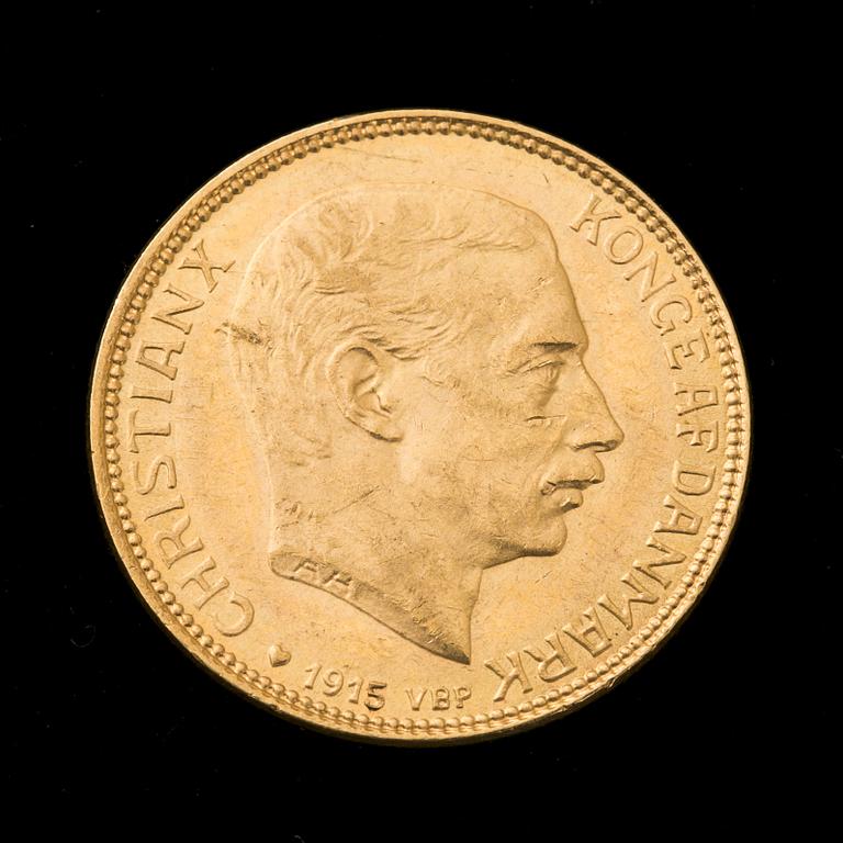 GULDMYNT, 20 kroner, Christian X, Danmark, 1915. Vikt ca 9 g.