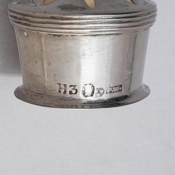 A Swedish 18/19th century silver and glass cruet-set, mark of Pehr Zethelius and Paul Wihlborg, Stockholm 1795 and 1814.