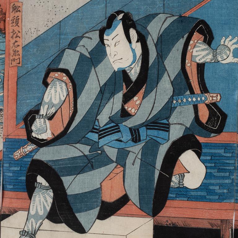 Utagawa Kunisada, triptyk, färgträsnitt. Japan, 1800-tal.