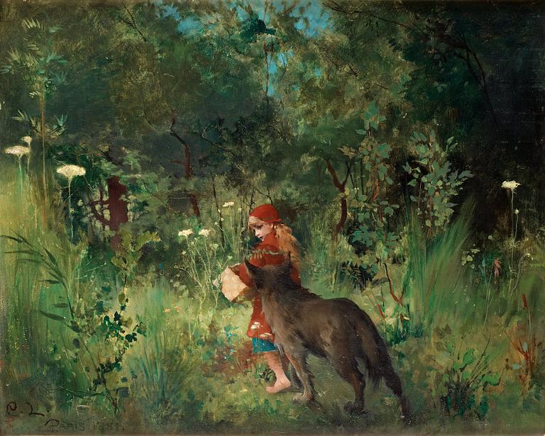 Carl Larsson, "Rödluvan och vargen i skogen" (Little red riding hood and the wolf in the forest).