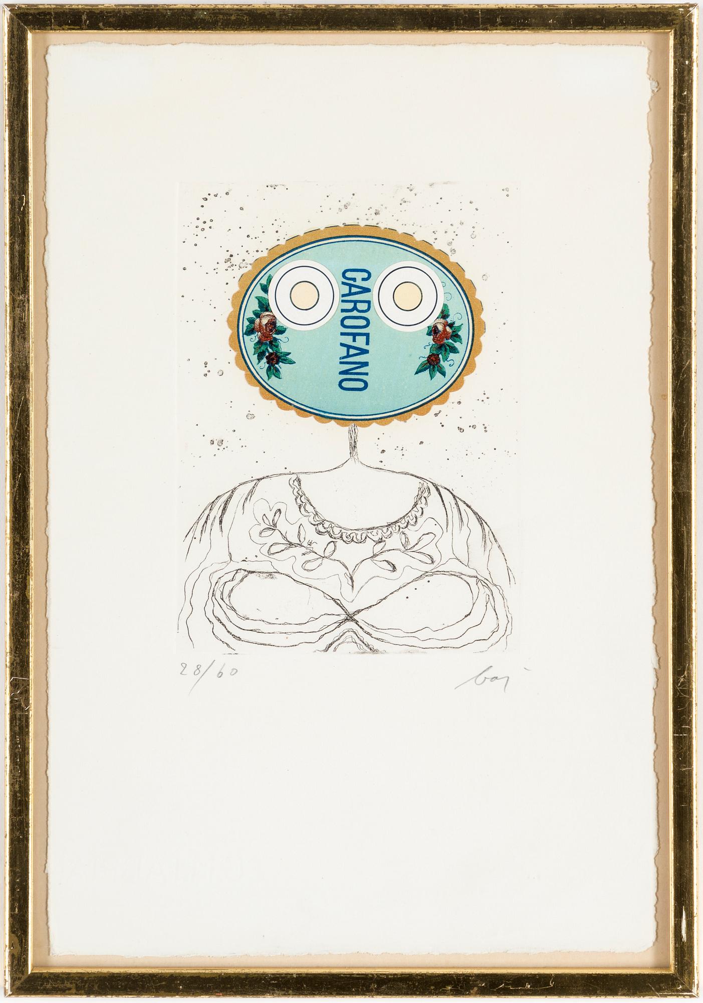 ENRICO BAJ, etsning med collage signerad och numrerad 28/60.