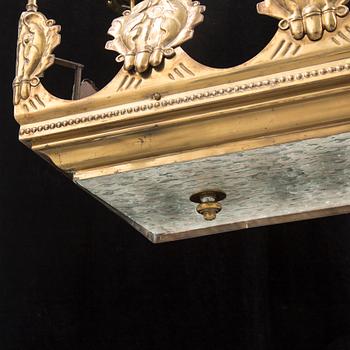 TAKLAMPA / BILJARDBORDSLAMPA, mässing och glas, 1900-talets första hälft.