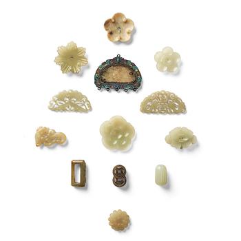 987. A group of Chinese 13 nephrite ornaments, Qing dynasty, 18th/19th century.