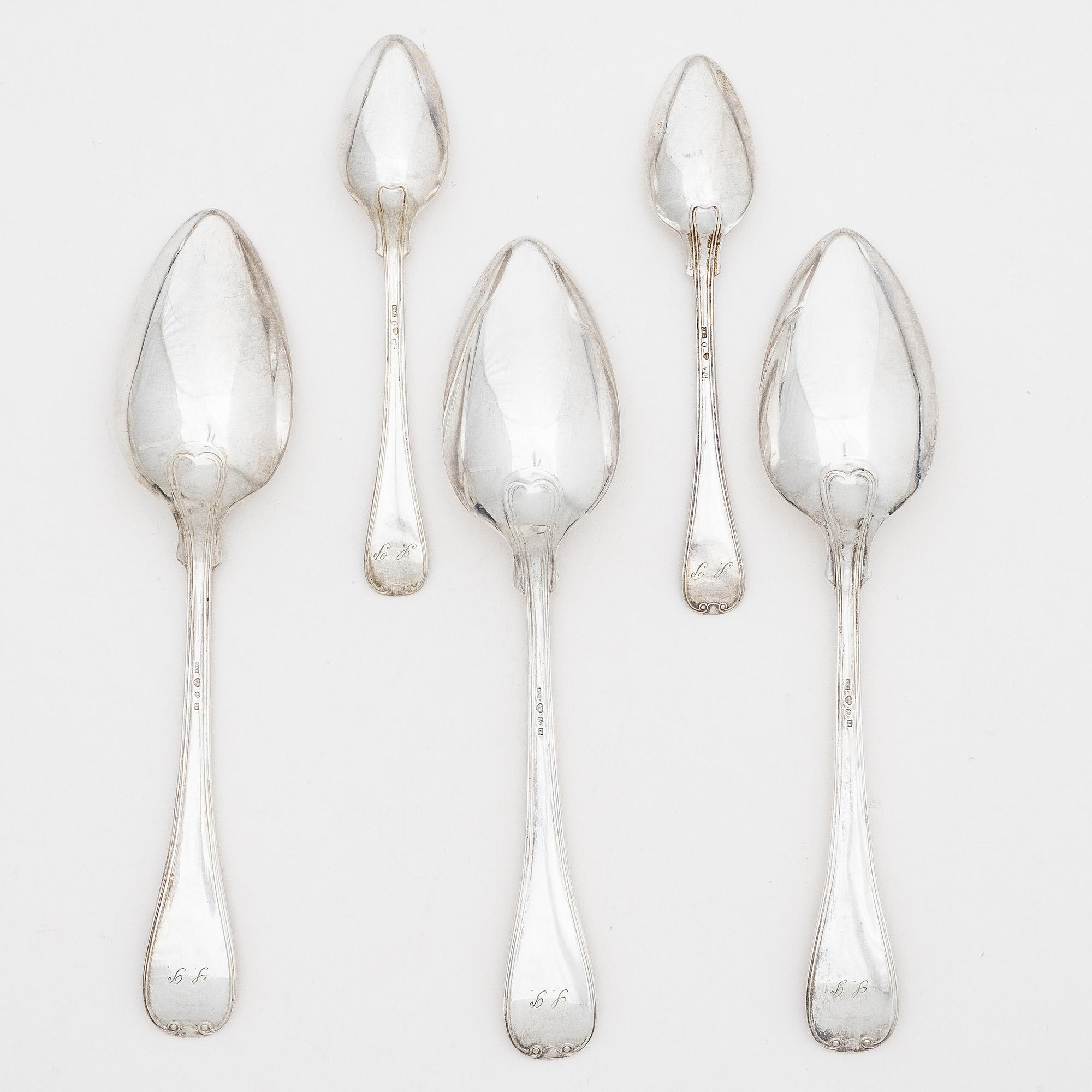 Dinner spoons, 12 pcs, as well as tea spoons, 12 pcs, silver, old French, mostly CF Carlman, Stockholm 1897-1898.