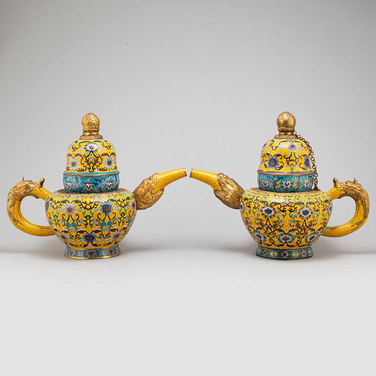 A pair of large cloisonne tea pots with covers, China, second half of the 20th Century.