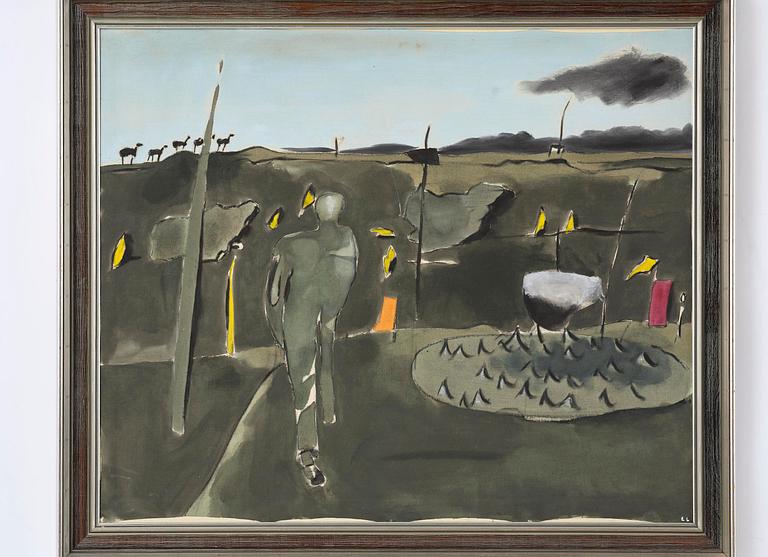 Lage Lindell, ”Landskap med figur och får, Gotland”.