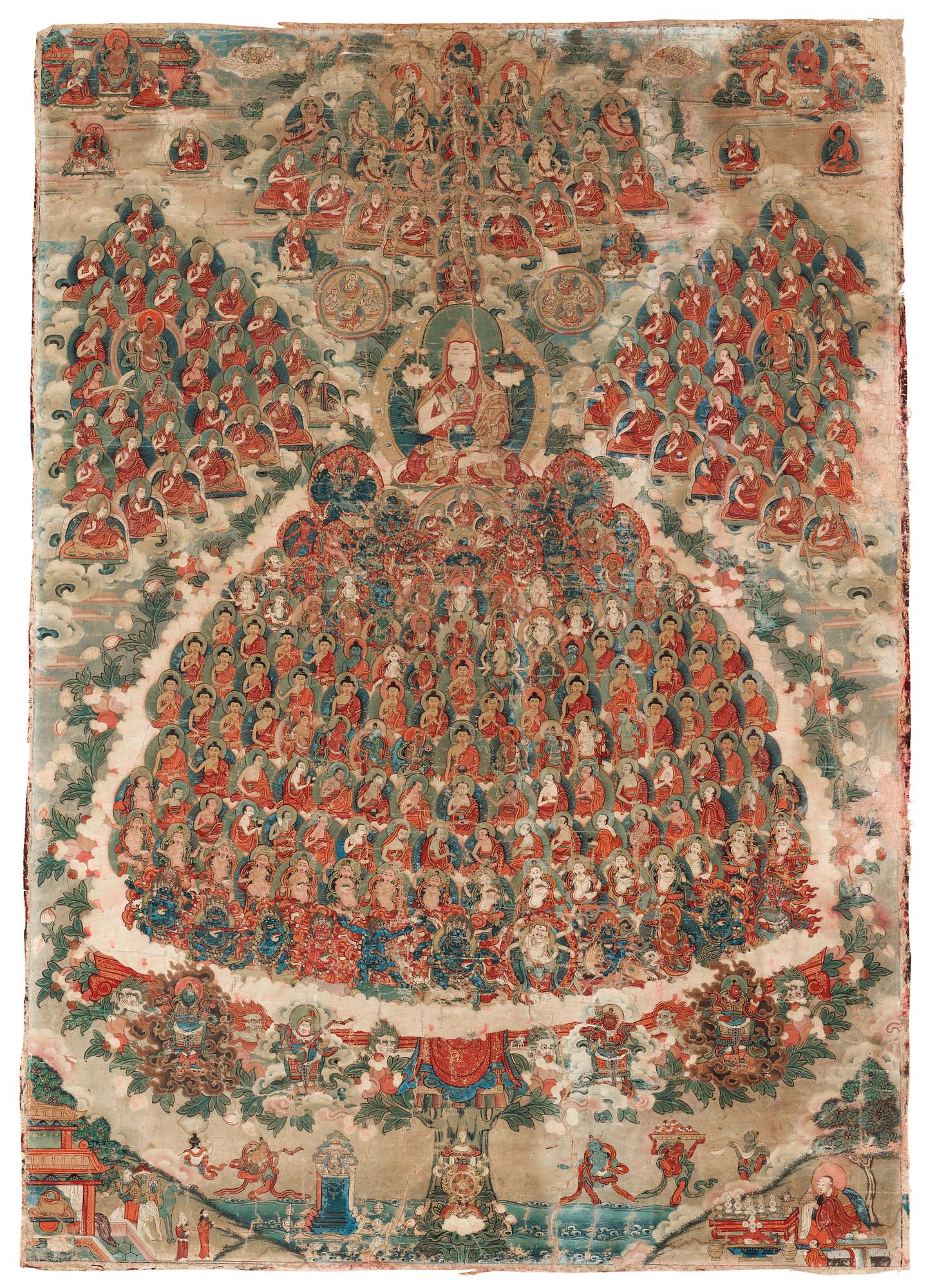 A Tibetan Thangka of Tsong Khapa and the Gelugpa Refuge Tree, presumably 19th Century.