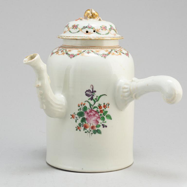 A famille rose export porcelain chocolate pot with cover, Qing dynasty, Qianlong (1736-95).