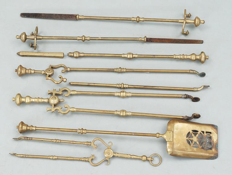 BRASUTENSILIER, 8 st, mässing, 1800/1900-tal.