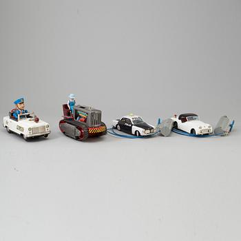 4 toy cars including Bandai and Nomura toys, Japan 1950's-60's.