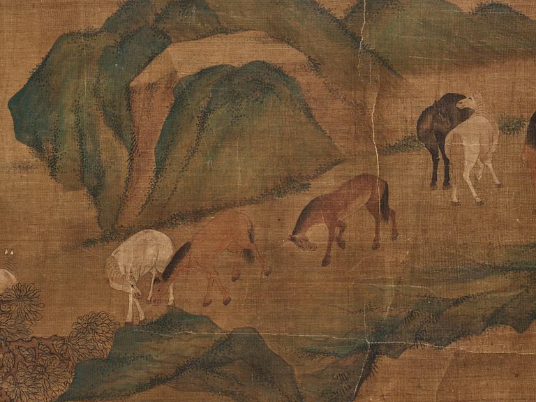 A long scroll painting after Zhao Yong (Zhao Zhongmu 1289-1369), ink and colour on paper and on silk, Qing dynasty.
