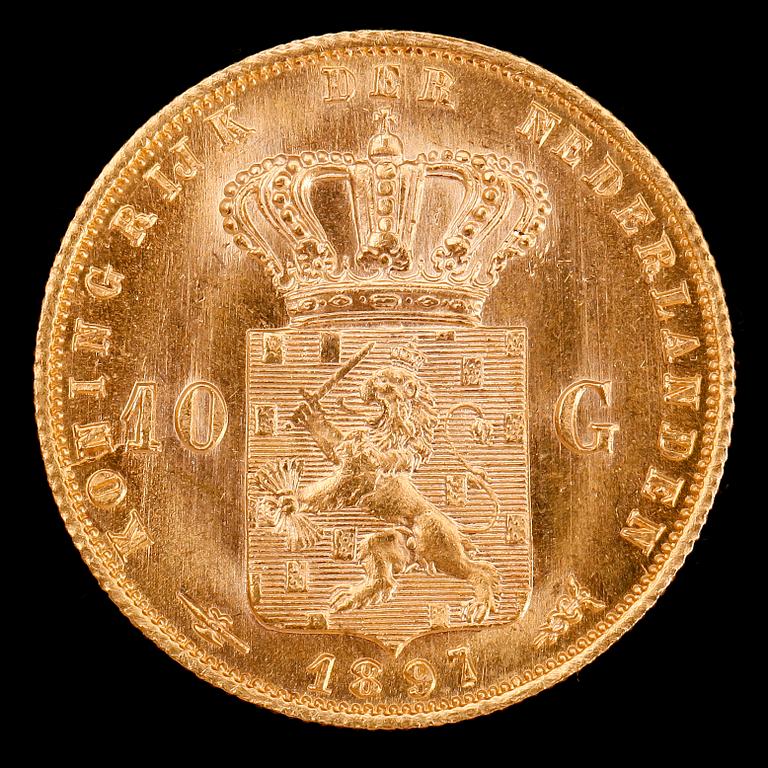 GULDMYNT, 10 gulden, Königin Wilhelmina, Nederländerna, 1897. Vikt ca 7 g.