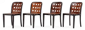 A set of four Josef Hoffmann dark stained beech chairs, model nr 8111, by Thonet post 1929.