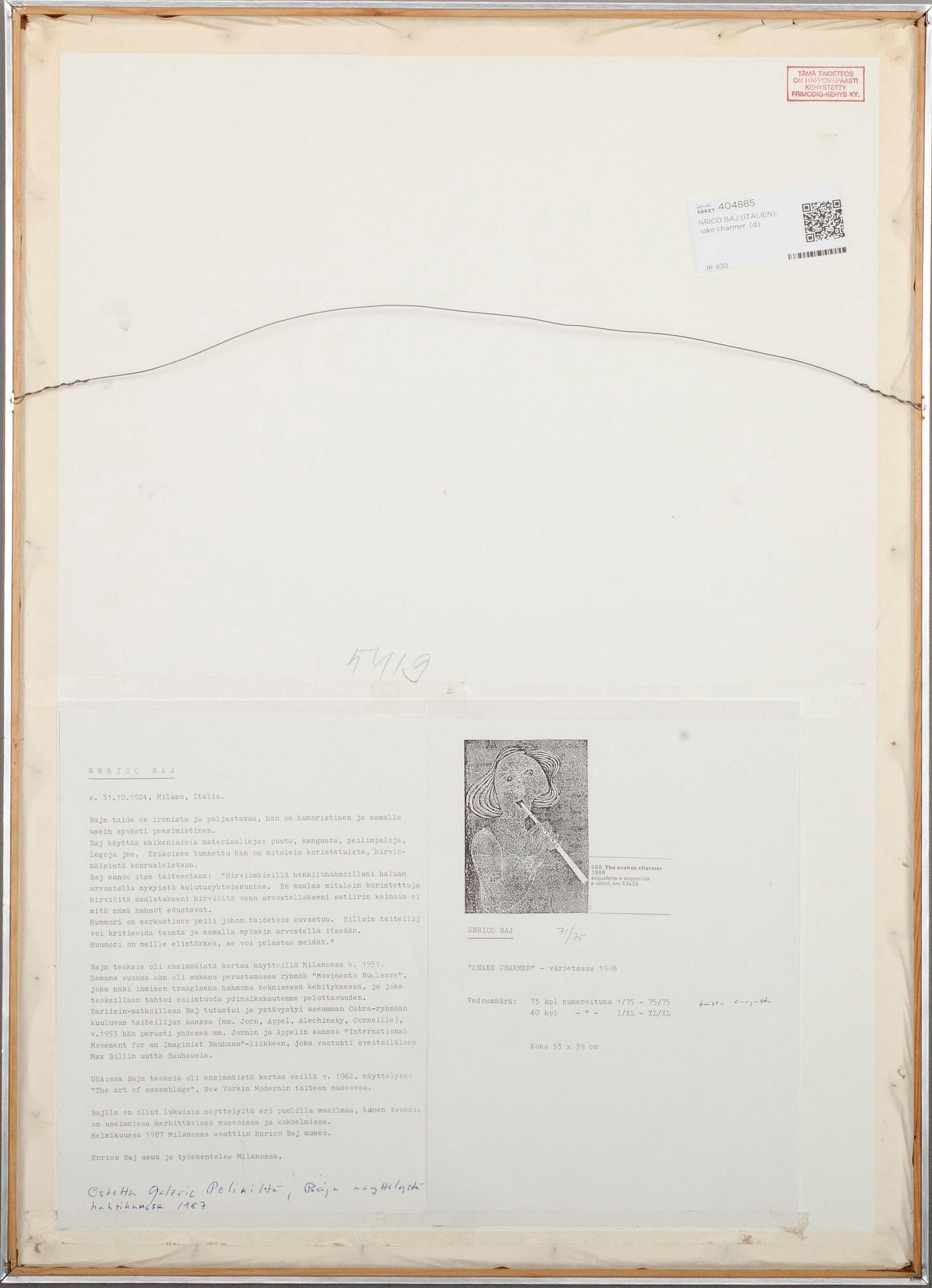 ENRICO BAJ, etsning och akvatinta i färger, signerad 71/75.