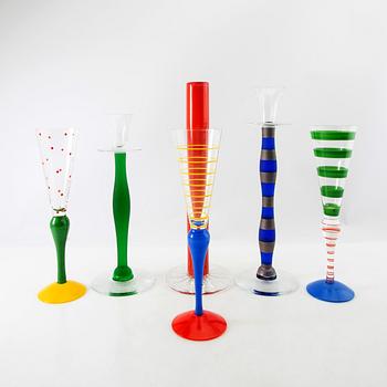 Anne Nilsson, champagne glasses, 3 pcs, "Clown", candlesticks, 2 pcs, "Celeste", and vase, "Gerbera" Orrefors.
