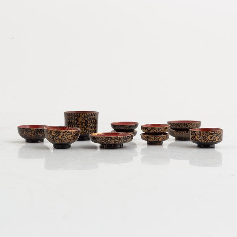 Doll, doll furniture, and table screen, Japan, wood, lacquer and paper, partly Showa, 20th century.
