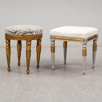 Two stools, late gustavian and late gustavian style, ca 1800 and early 20th century.