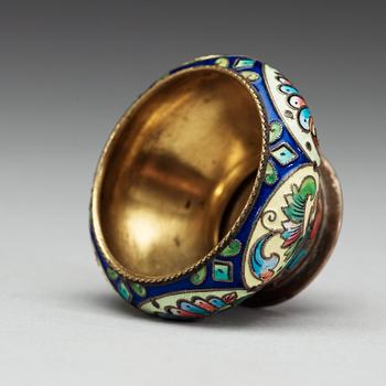 A Russian 19th century silver-gilt and enamel salt, makers mark of the 6th Artel, Moscow.