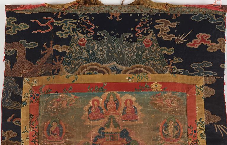 Thangka, grön Tara, tusch och färg på duk. Tibet, 1800-tal.