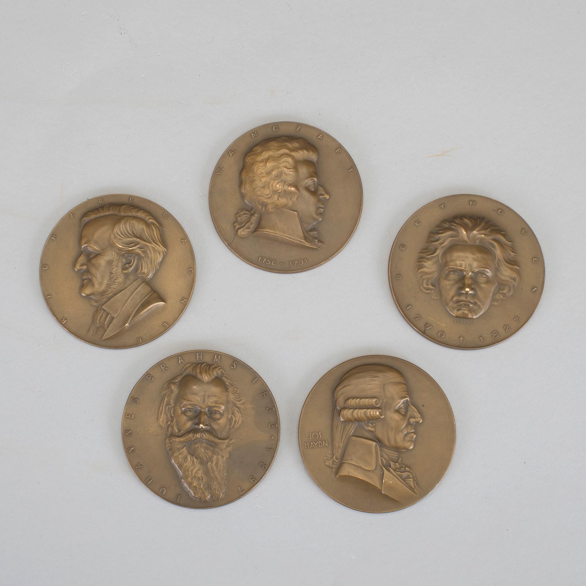 PLAKETTER, 5 st, brons, Arnold Hartig. 1900-tal.