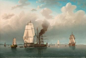 218. Carl Abraham Rothstén Tillskriven, Vy mot Sveaborg med segelfartyg, hjulångare och den optiska telegrafen.