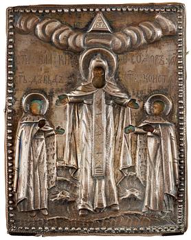 945. IKON med silverinfattning, munkhelgonet prins Theodor med sina söner David och Konstantin, Moskva 1806.
