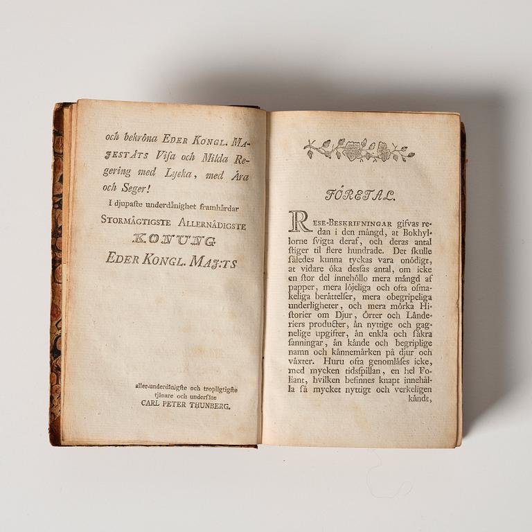 Two books by Carl Peter Thunberg, 'Resa uti Europa, Africa, Asia förrättad åren 1770-1779', part 1-4.