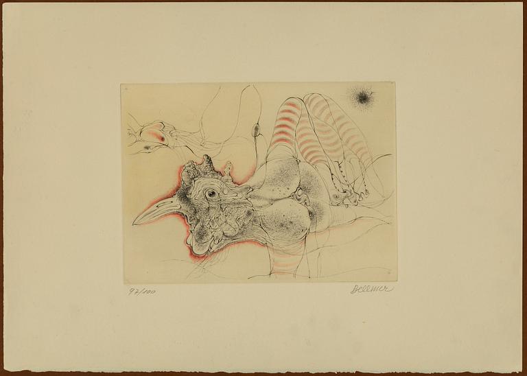 HANS BELLMER, etching with colours, 1969, signerad med blyerts och numrerad 97/100.