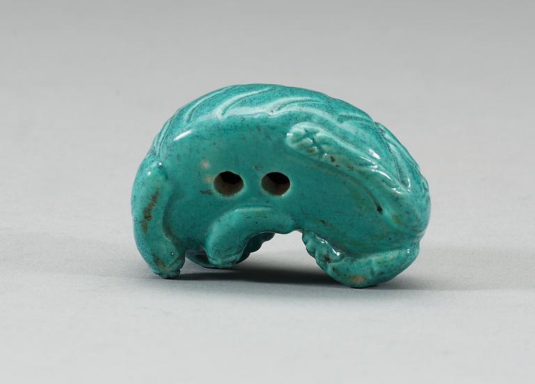 A robins egg glazed figure of a reclining elephant, Qing dynasty, presumably Qianlong (1736-95).